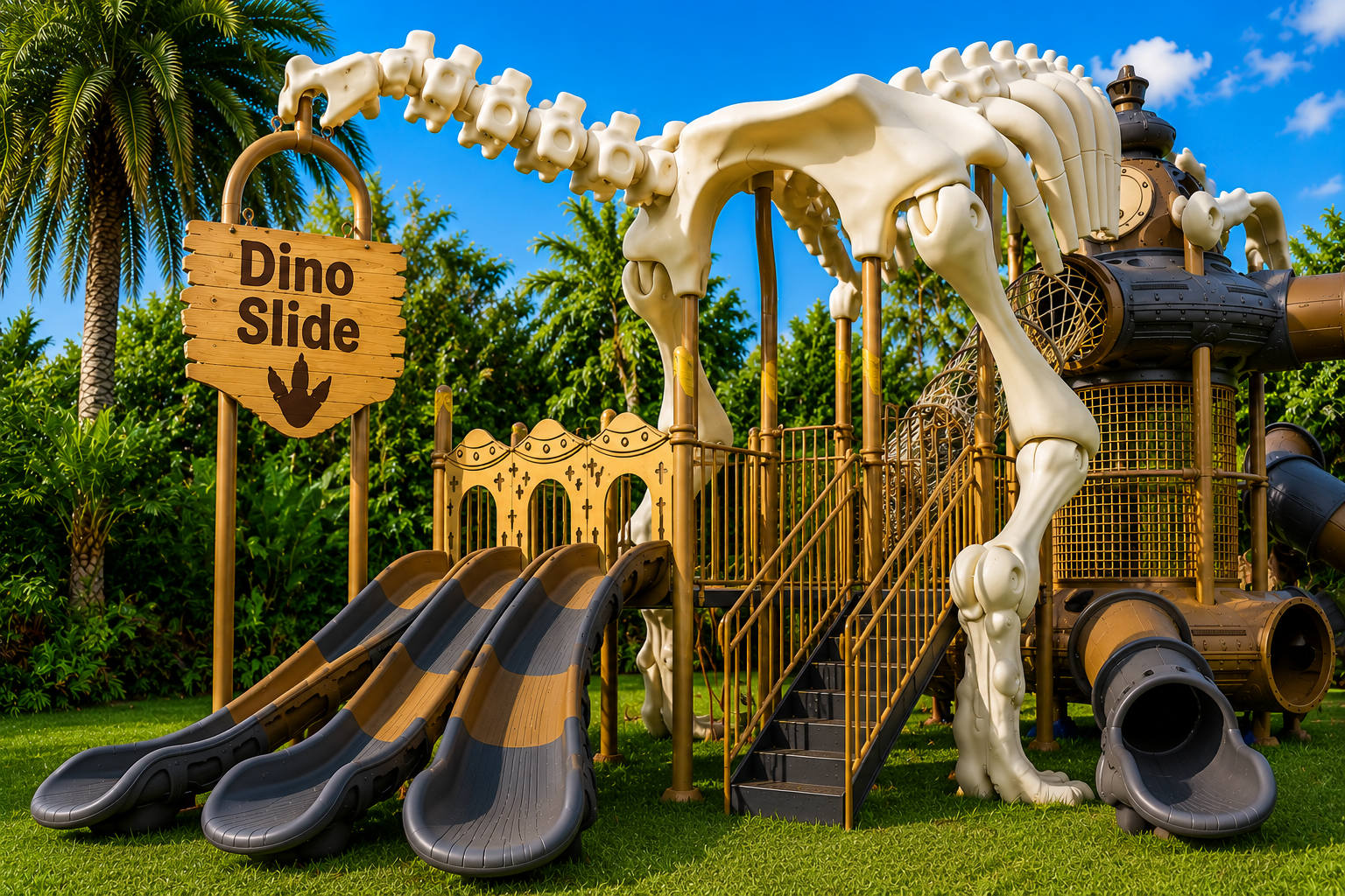 The dinosaur playground slides at DinoLand, new for the 2026 season