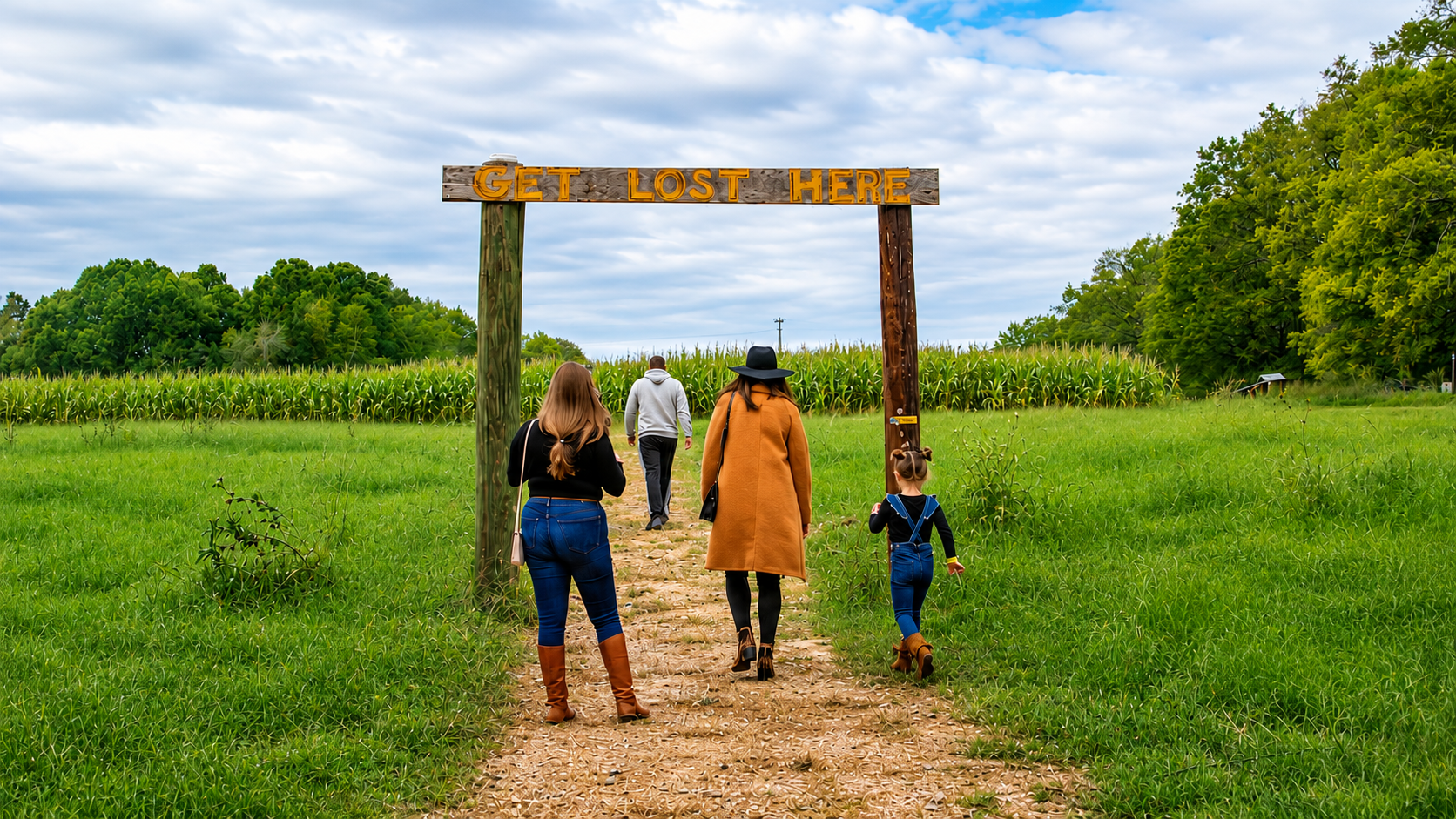 Get Lost Here sign at the corn maze entrance, a fall photo spot near Nashville