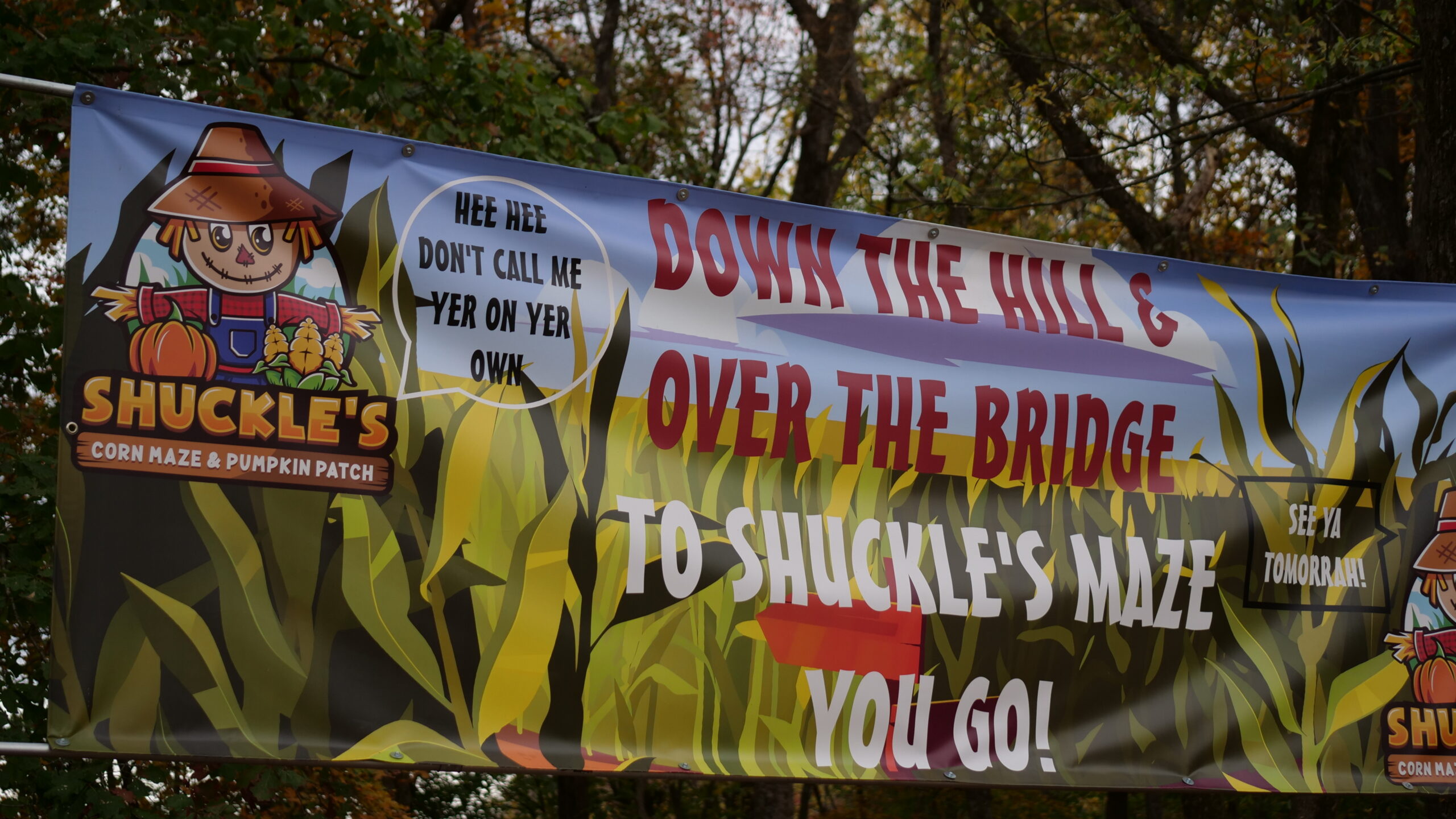 The Shuckle's Corn Maze scarecrow sign at the Swift Rd entrance in Greenbrier, TN