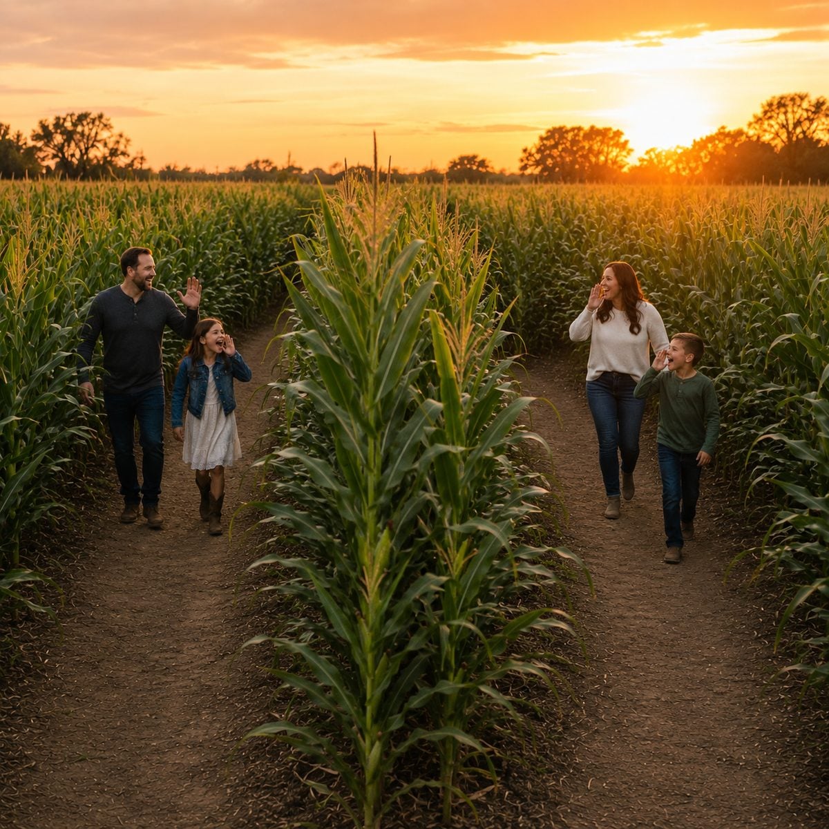 A family walking the trails of the 8-acre corn maze at sunset at Shuckle's