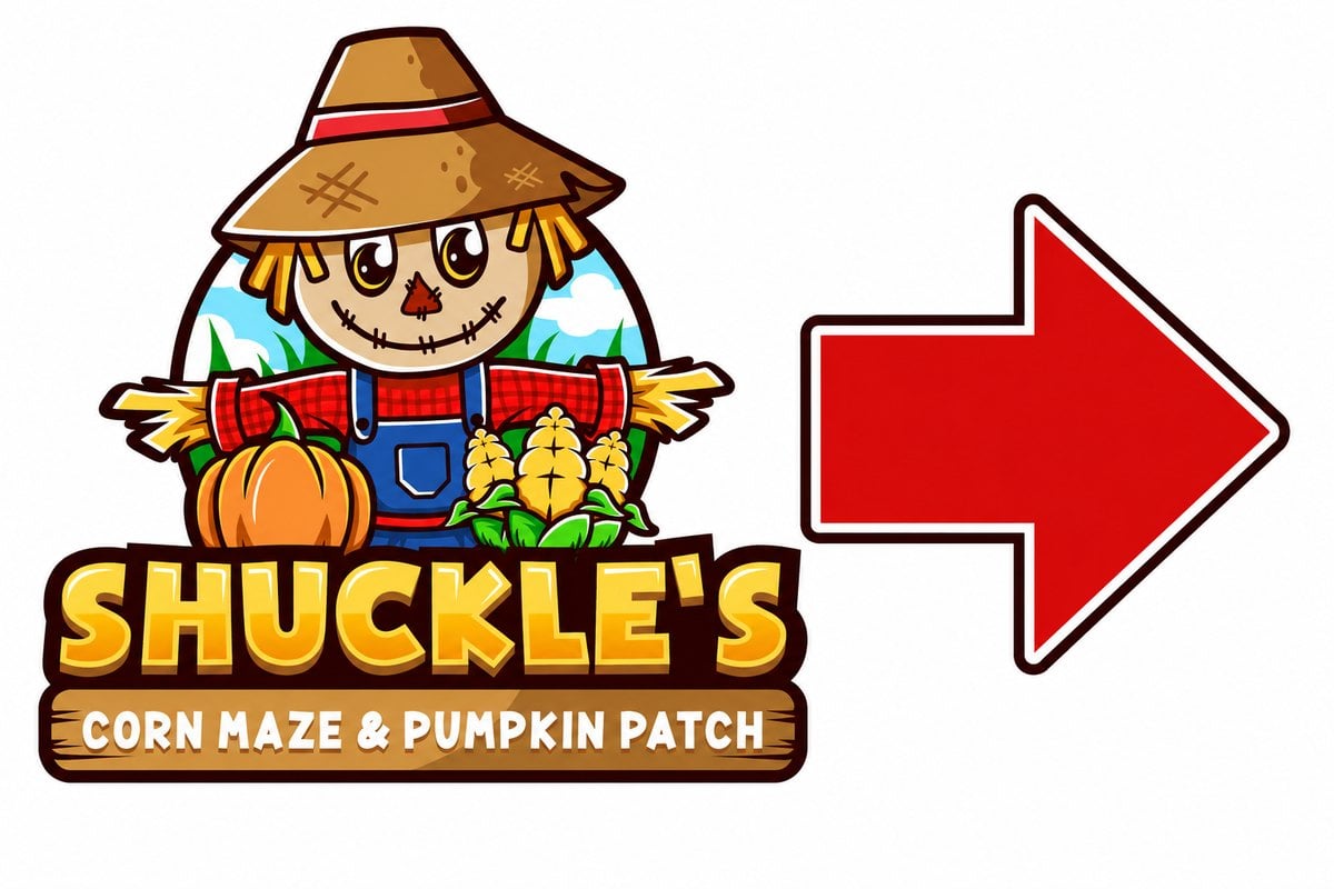 The Shuckle's Corn Maze scarecrow sign at the Swift Rd entrance in Greenbrier, TN