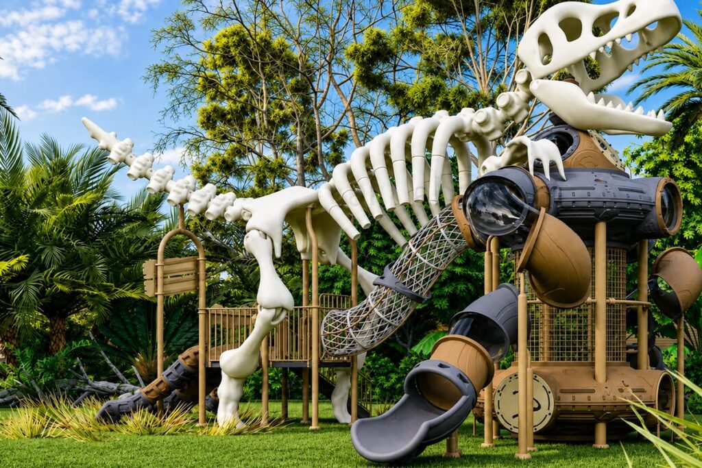 The dinosaur skeleton play structure at DinoLand, new for the 2026 season at Shuckle’s Corn Maze