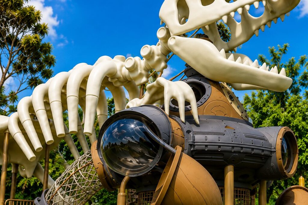 The T-rex skull and ribcage climbing frame at DinoLand